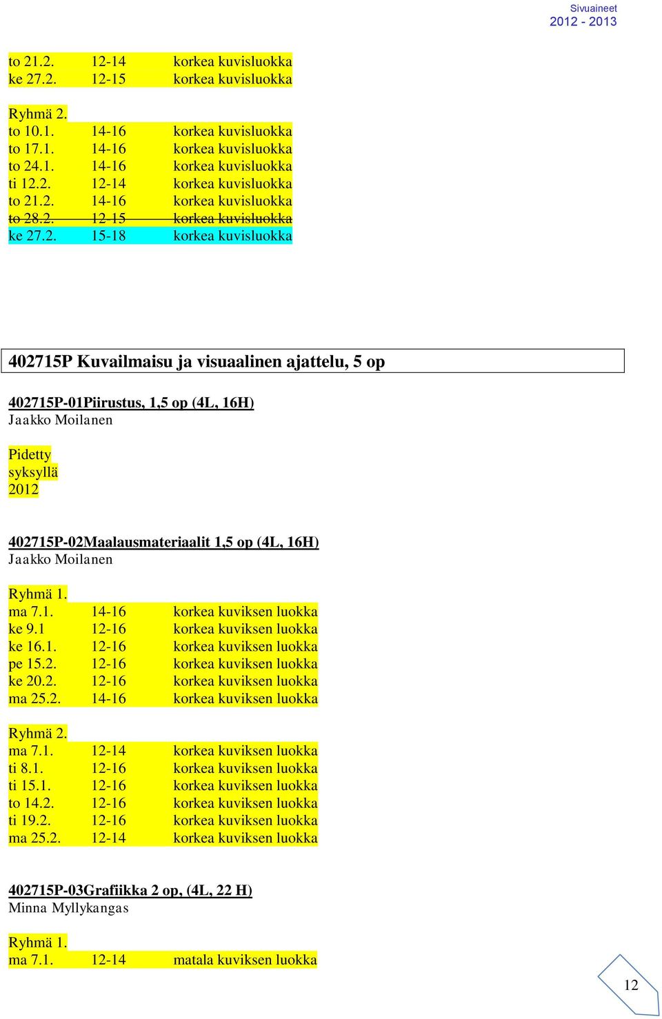Pidetty syksyllä 2012 402715P-02Maalausmateriaalit 1,5 op (4L, 16H) Jaakko Moilanen Ryhmä 1. ma 7.1. 14-16 korkea kuviksen luokka ke 9.1 12-16 korkea kuviksen luokka ke 16.1. 12-16 korkea kuviksen luokka pe 15.