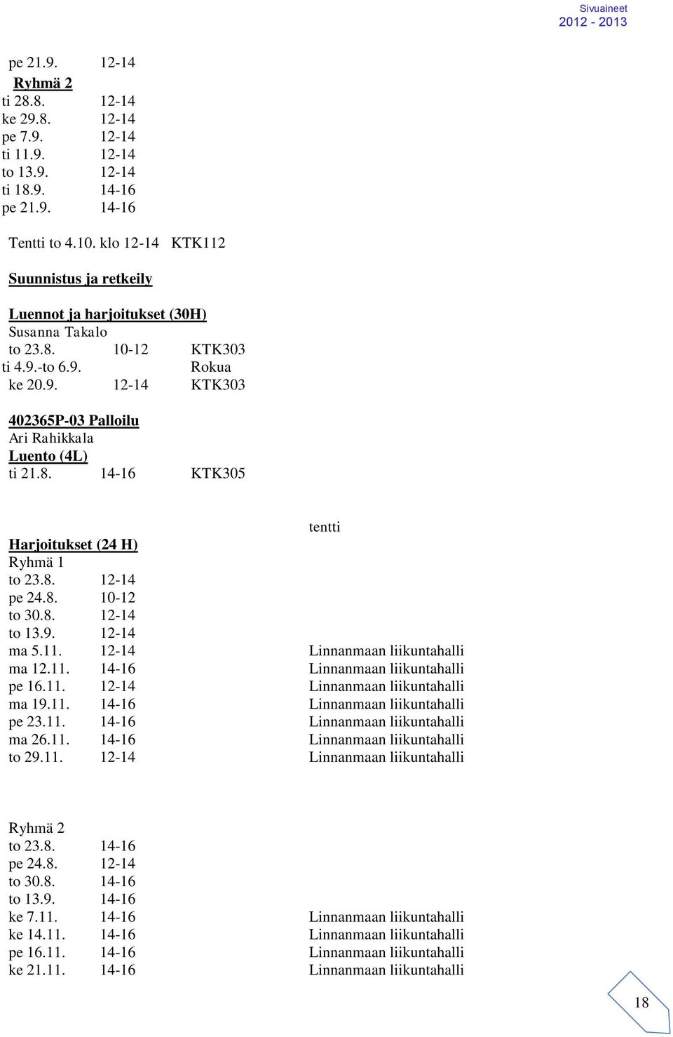 8. 14-16 KTK305 tentti Harjoitukset (24 H) Ryhmä 1 to 23.8. 12-14 pe 24.8. 10-12 to 30.8. 12-14 to 13.9. 12-14 ma 5.11. 12-14 Linnanmaan liikuntahalli ma 12.11. 14-16 Linnanmaan liikuntahalli pe 16.