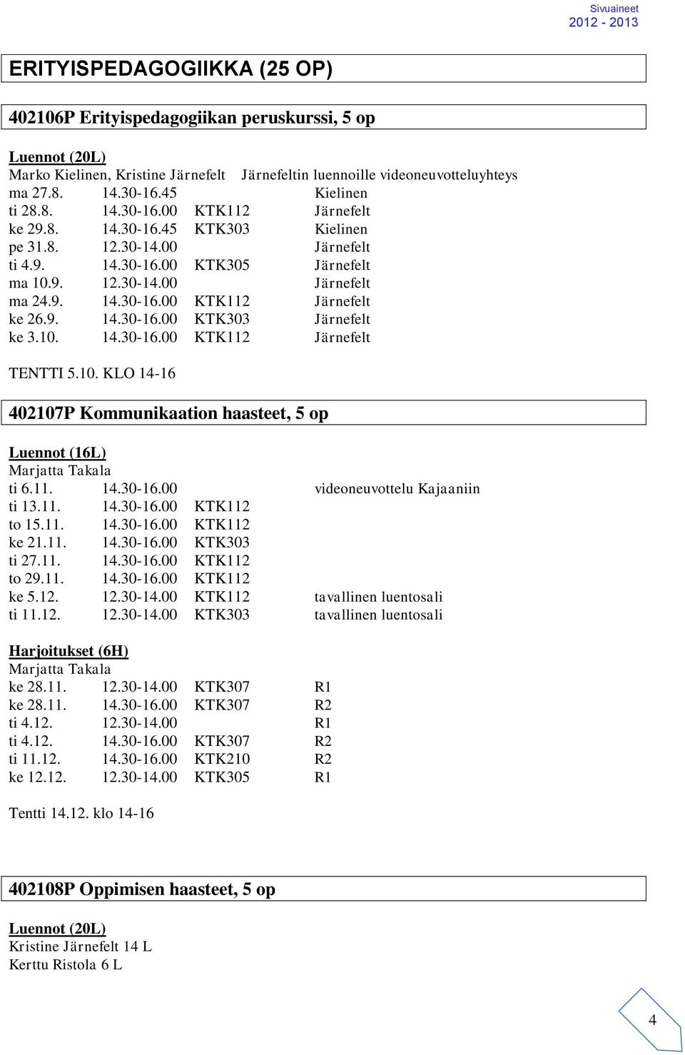 9. 14.30-16.00 KTK303 Järnefelt ke 3.10. 14.30-16.00 KTK112 Järnefelt TENTTI 5.10. KLO 14-16 402107P Kommunikaation haasteet, 5 op Luennot (16L) Marjatta Takala ti 6.11. 14.30-16.00 videoneuvottelu Kajaaniin ti 13.