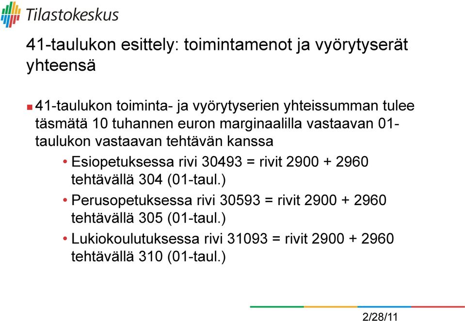 Esiopetuksessa rivi 30493 = rivit 2900 + 2960 tehtävällä 304 (01-taul.