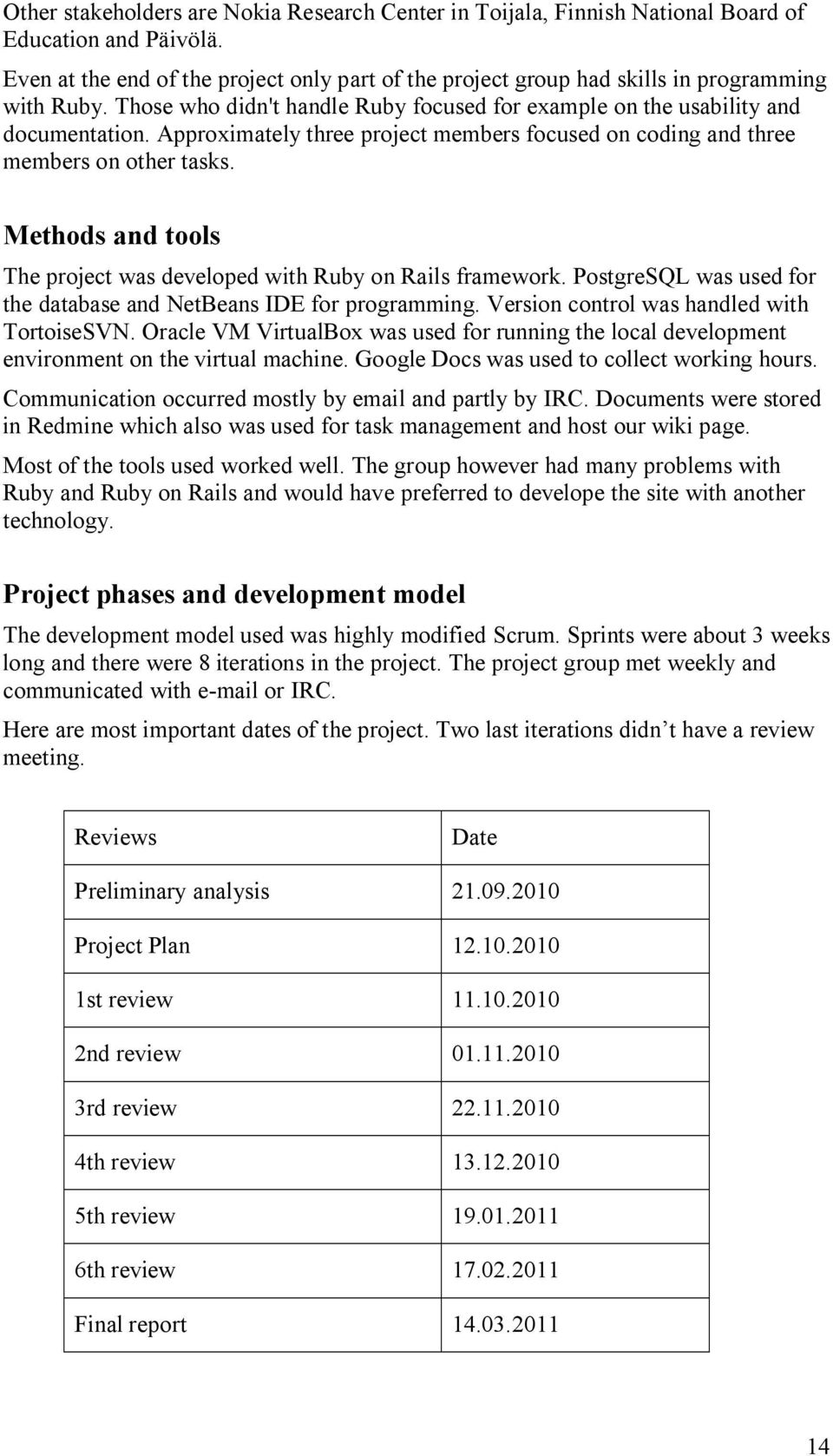 Approximately three project members focused on coding and three members on other tasks. Methods and tools The project was developed with Ruby on Rails framework.