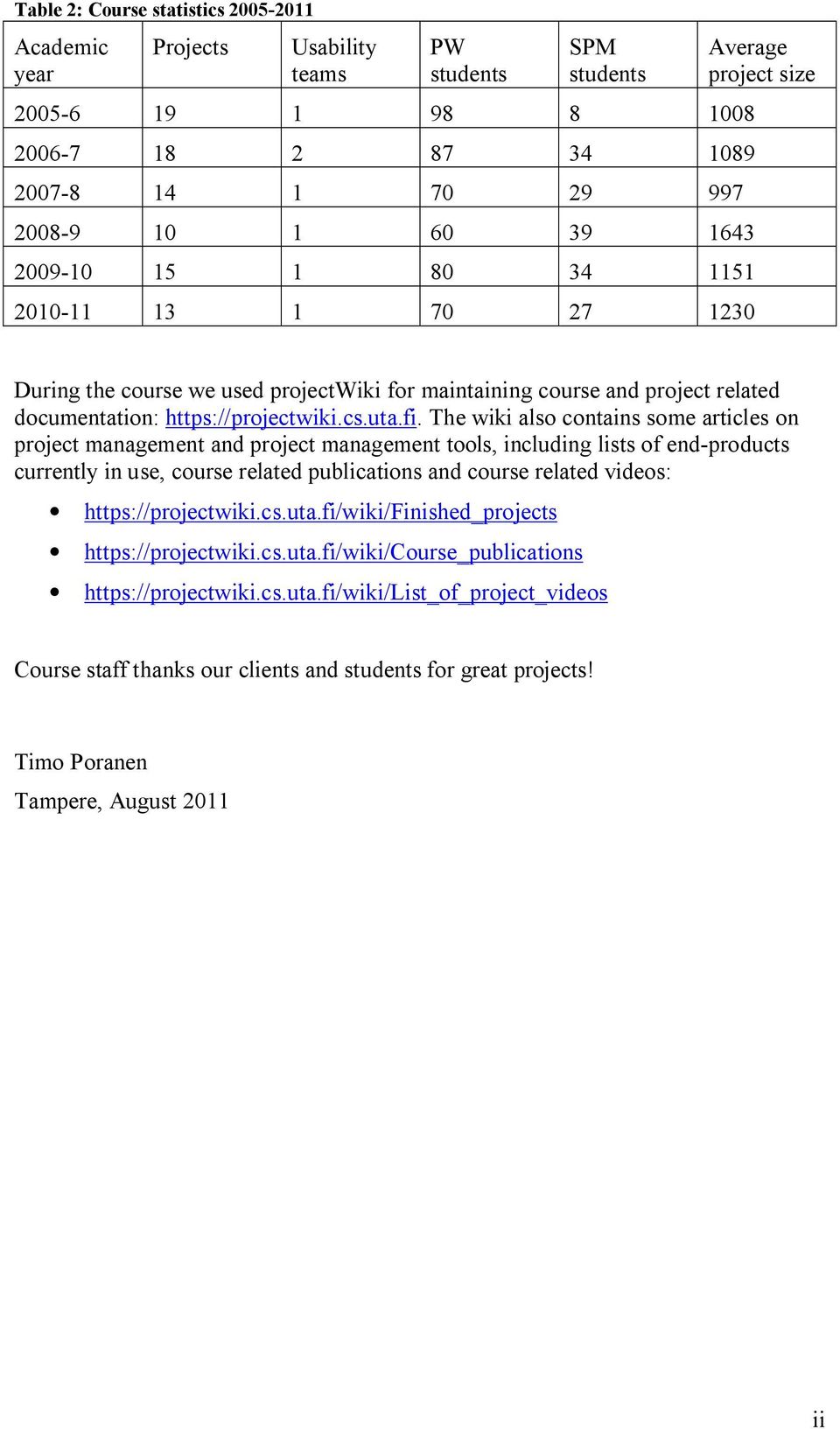 The wiki also contains some articles on project management and project management tools, including lists of end products currently in use, course related publications and course related videos: