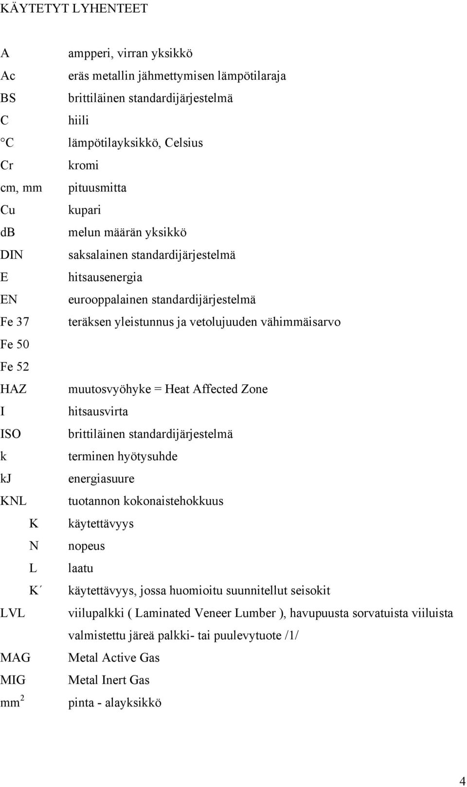 muutosvyöhyke = Heat Affected Zone I hitsausvirta ISO brittiläinen standardijärjestelmä k terminen hyötysuhde kj energiasuure KNL tuotannon kokonaistehokkuus K käytettävyys N nopeus L laatu K