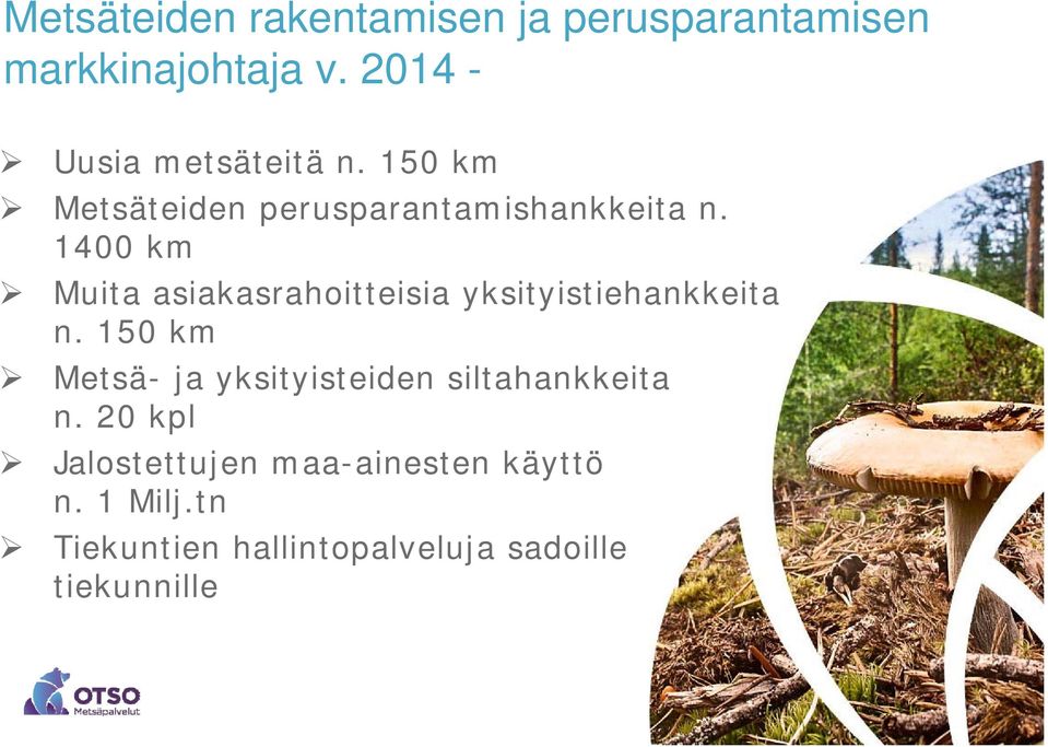 1400 km Muita asiakasrahoitteisia yksityistiehankkeita n.