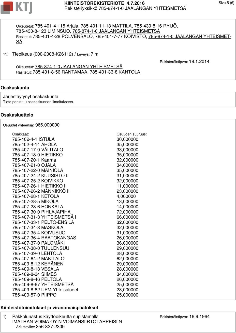 KOIVISTO, 785-874-1-0 JAALANGAN YHTEISMET- SÄ 15) Tieoikeus (000-2008-K26112) / Leveys: 7 m Oikeutetut: 785-874-1-0 JAALANGAN YHTEISMETSÄ Rasitetut: 785-401-8-56 RANTAMAA, 785-401-33-8 KANTOLA