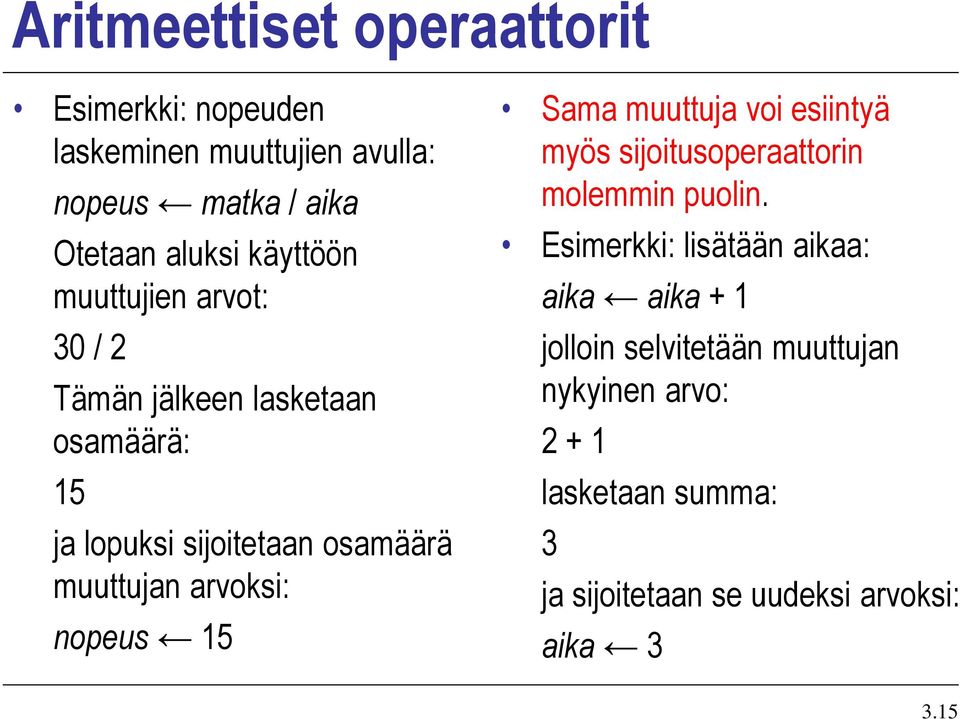 arvoksi: nopeus 15 Sama muuttuja voi esiintyä myös sijoitusoperaattorin molemmin puolin.
