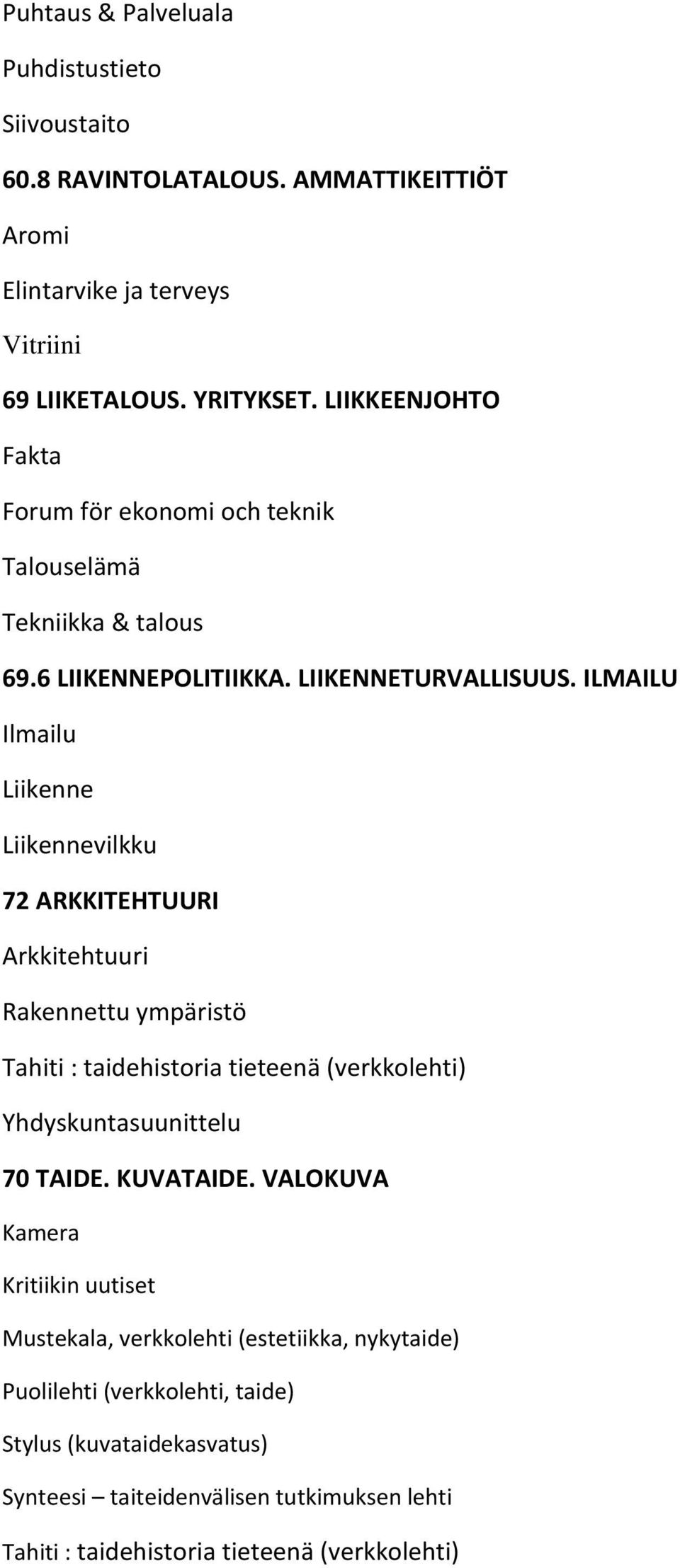 ILMAILU Ilmailu Liikenne Liikennevilkku 72 ARKKITEHTUURI Arkkitehtuuri Rakennettu ympäristö Tahiti : taidehistoria tieteenä (verkkolehti) Yhdyskuntasuunittelu 70 TAIDE.