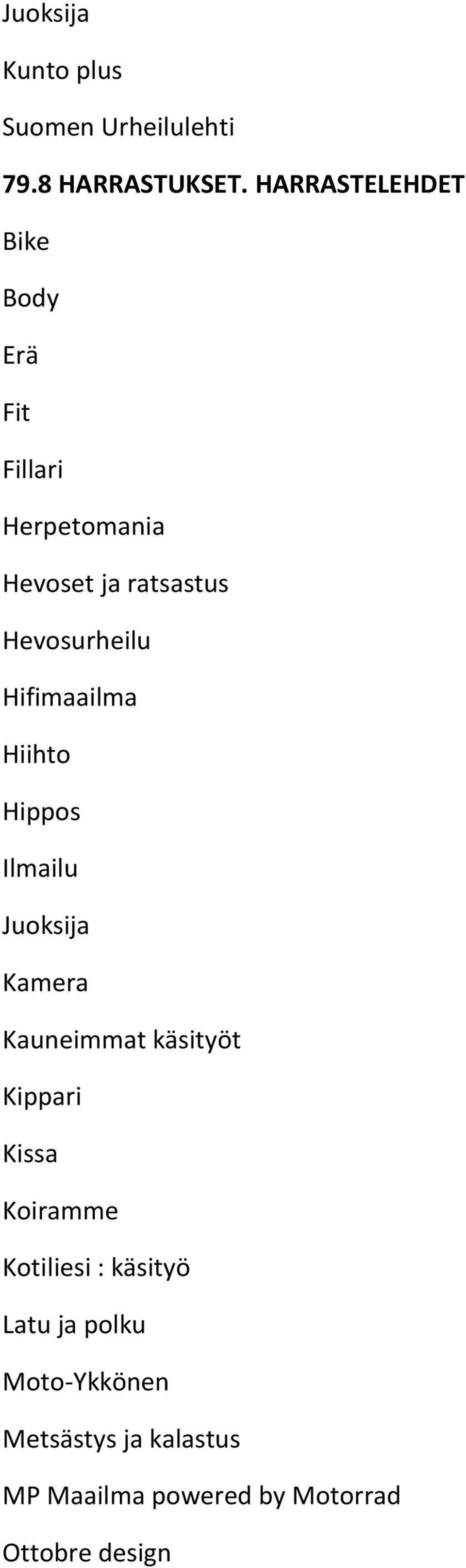 Hifimaailma Hiihto Hippos Ilmailu Juoksija Kamera Kauneimmat käsityöt Kippari Kissa