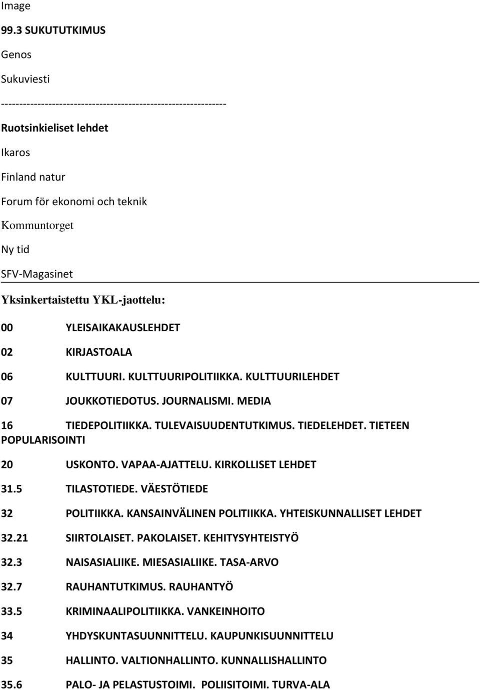 SFV-Magasinet Yksinkertaistettu YKL-jaottelu: 00 YLEISAIKAKAUSLEHDET 02 KIRJASTOALA 06 KULTTUURI. KULTTUURIPOLITIIKKA. KULTTUURILEHDET 07 JOUKKOTIEDOTUS. JOURNALISMI. MEDIA 16 TIEDEPOLITIIKKA.