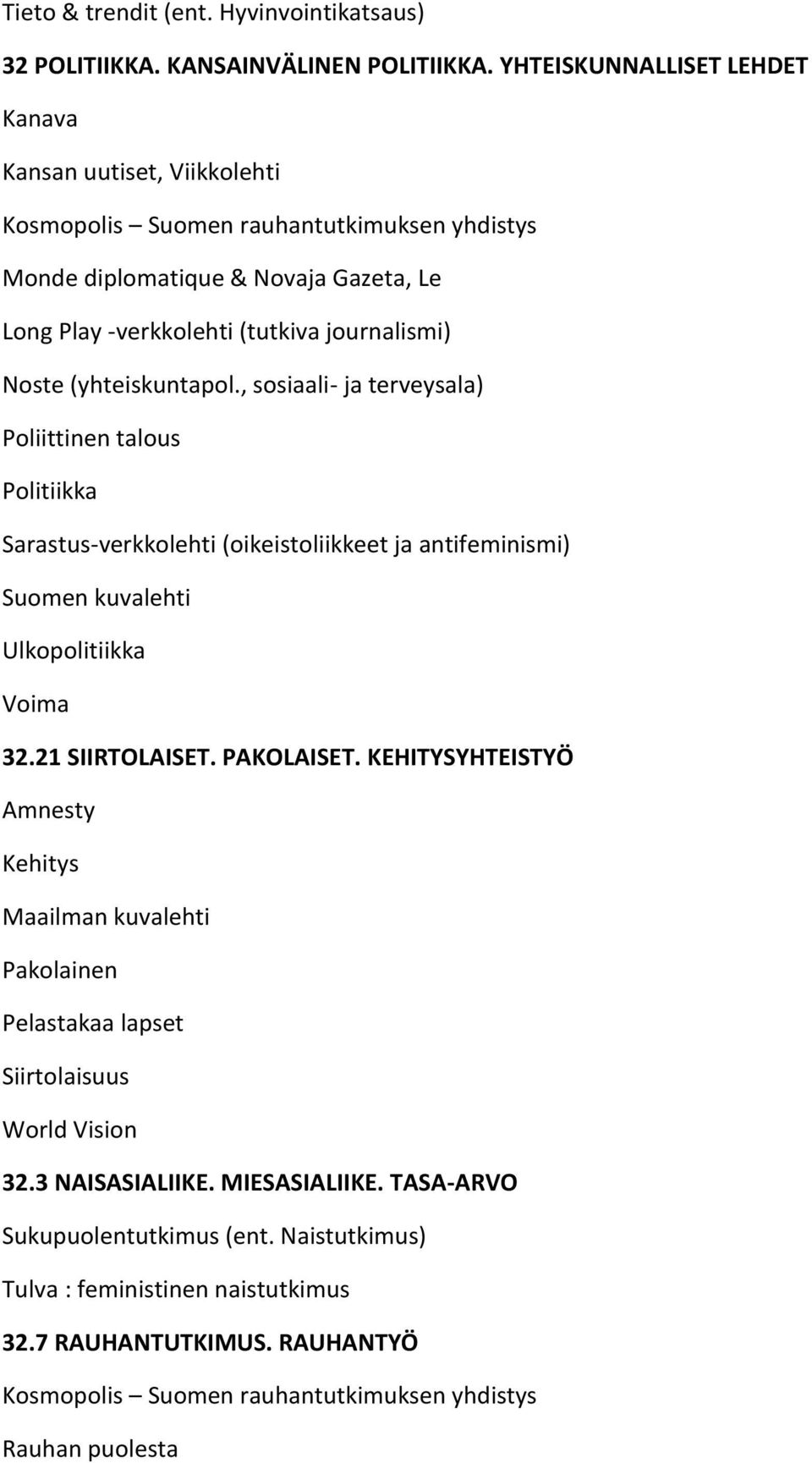 (yhteiskuntapol., sosiaali- ja terveysala) Poliittinen talous Politiikka Sarastus-verkkolehti (oikeistoliikkeet ja antifeminismi) Suomen kuvalehti Ulkopolitiikka Voima 32.21 SIIRTOLAISET. PAKOLAISET.