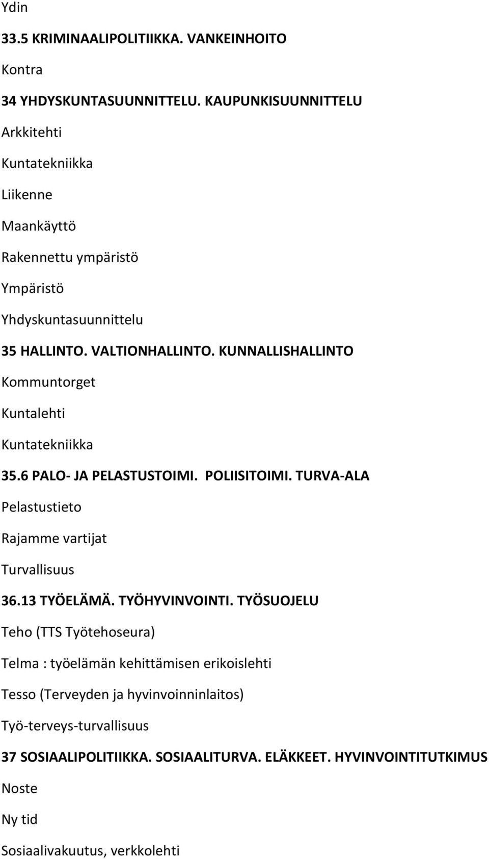 KUNNALLISHALLINTO Kommuntorget Kuntalehti Kuntatekniikka 35.6 PALO- JA PELASTUSTOIMI. POLIISITOIMI. TURVA-ALA Pelastustieto Rajamme vartijat Turvallisuus 36.