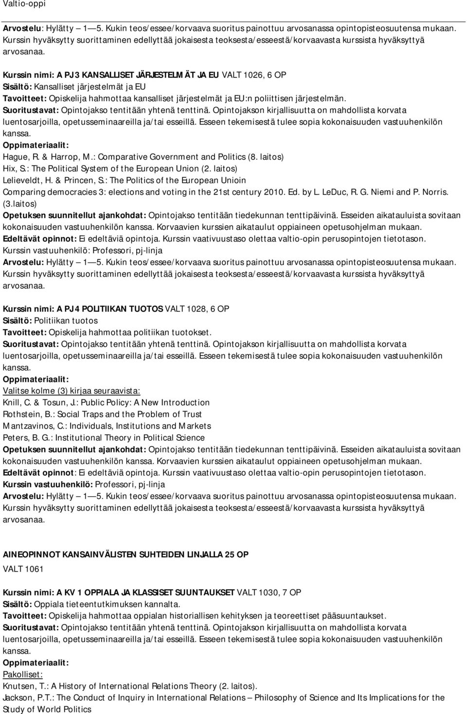 Esseen tekemisestä tulee sopia kokonaisuuden vastuuhenkilön kanssa. Hague, R. & Harrop, M.: Comparative Government and Politics (8. laitos) Hix, S.: The Political System of the European Union (2.