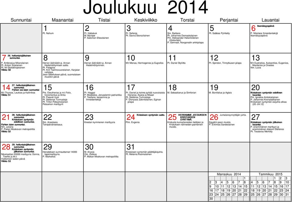 Kristuksen syntymän 25 HERRAMME JEESUKSEN Jumalansynnyttäjän juhla. KRISTUKSEN SYNTYMÄ. 26 27 edellinen Pyhien isien Nm. Juliana P. Pietari Moskovan metropoliitta Viikko 52 Pt.