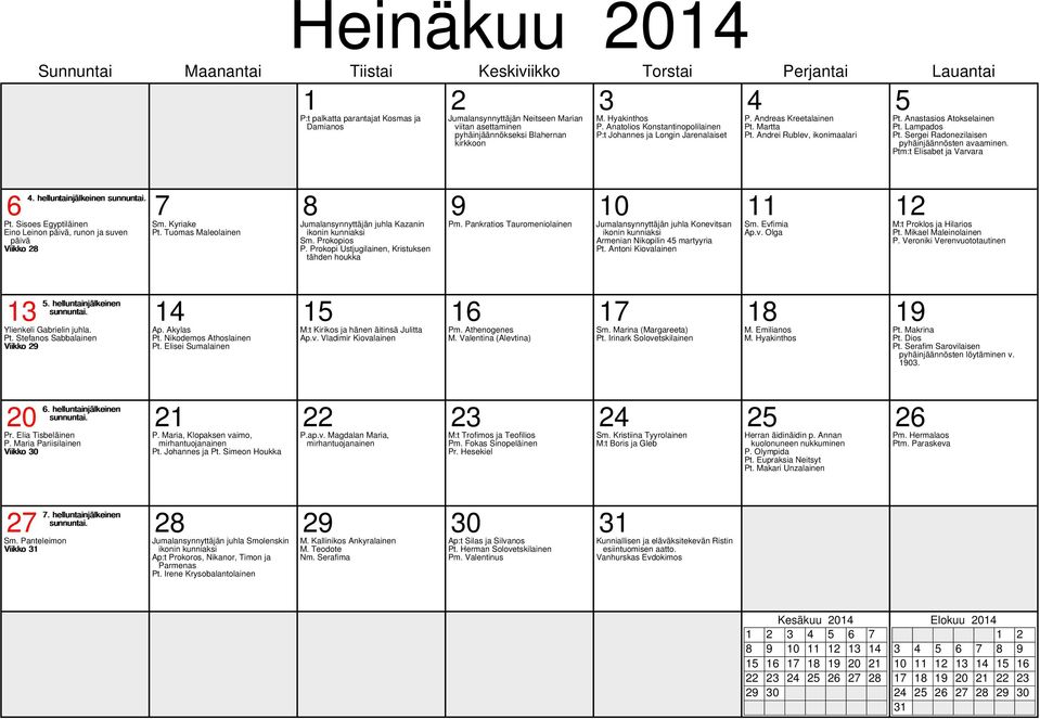 Prokopi Ustjugilainen, Kristuksen tähden houkka Pm. Pankratios Tauromeniolainen 3 5. helluntainjälkeinen 4 5 6 7 8 9 Ylienkeli Gabrielin juhla. Pt. Stefanos Sabbalainen Viikko 29 20 6.