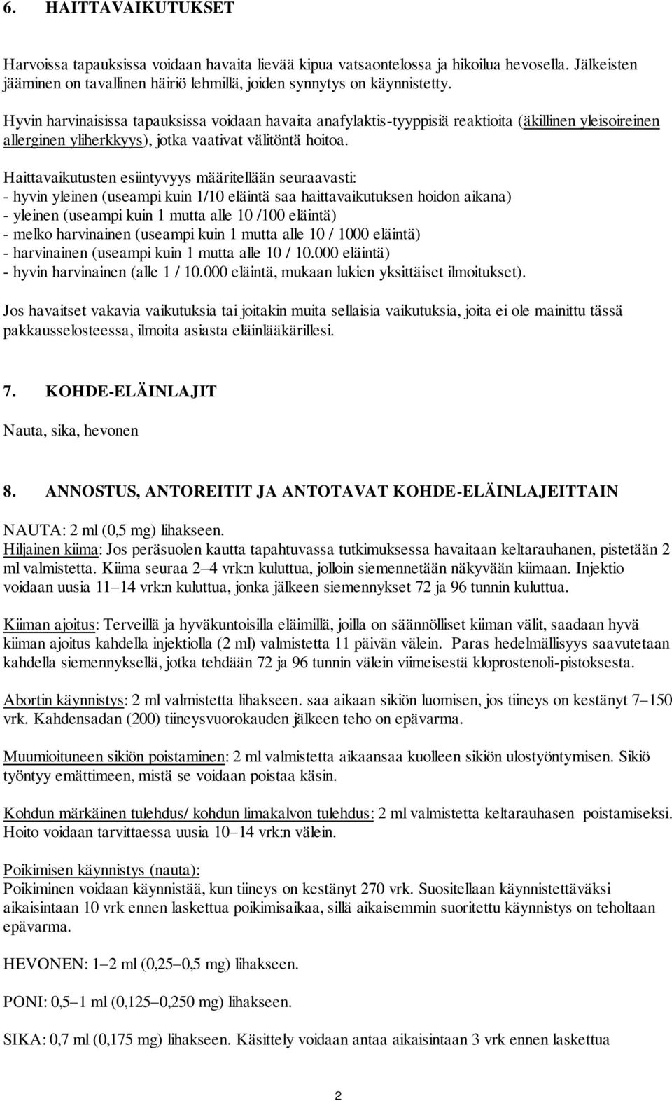 Haittavaikutusten esiintyvyys määritellään seuraavasti: - hyvin yleinen (useampi kuin 1/10 eläintä saa haittavaikutuksen hoidon aikana) - yleinen (useampi kuin 1 mutta alle 10 /100 eläintä) - melko