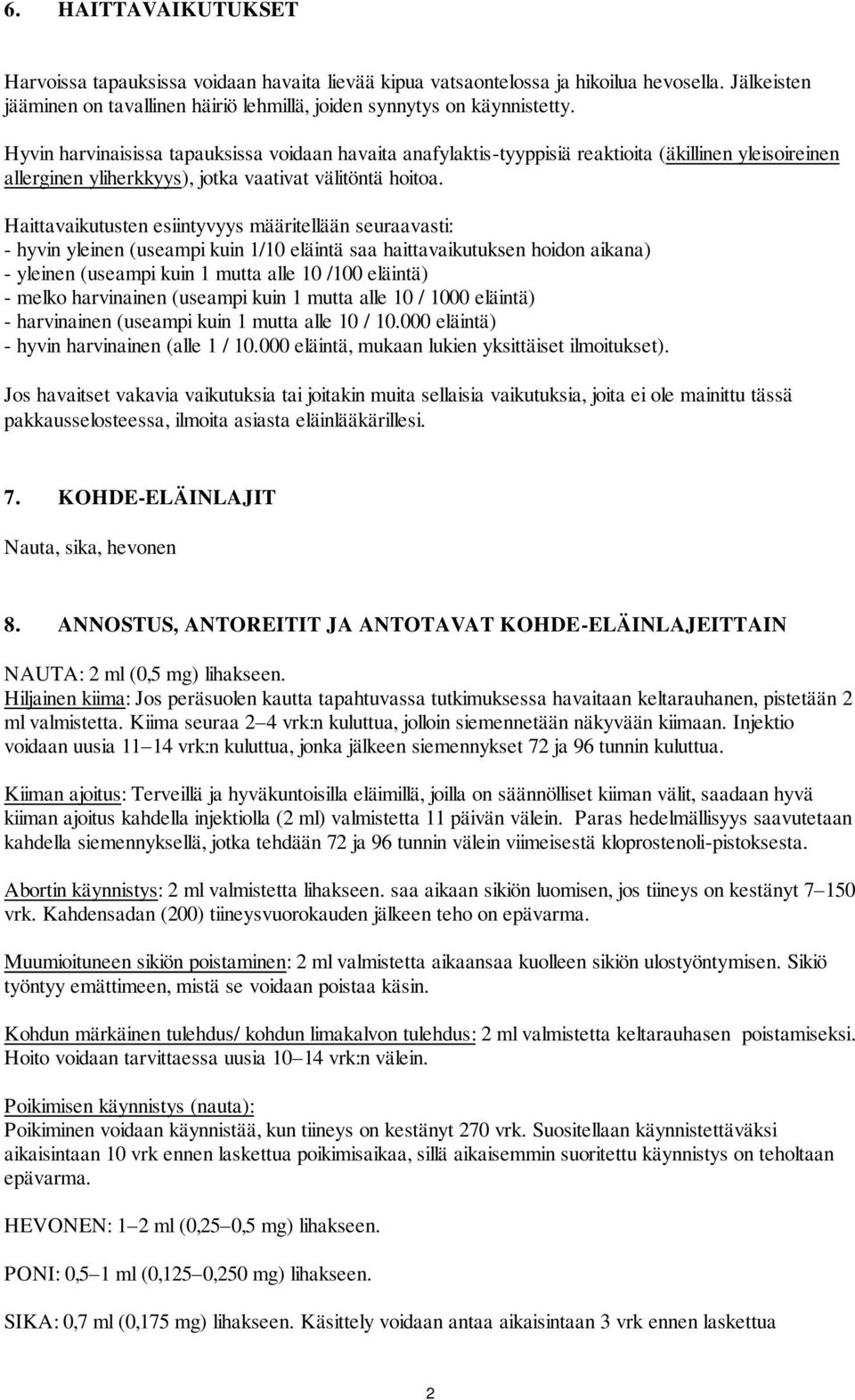 Haittavaikutusten esiintyvyys määritellään seuraavasti: - hyvin yleinen (useampi kuin 1/10 eläintä saa haittavaikutuksen hoidon aikana) - yleinen (useampi kuin 1 mutta alle 10 /100 eläintä) - melko