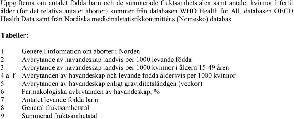 Tabeller: 1 Generell information om aborter i Norden 2 Avbrytande av havandeskap landvis per 1000 levande födda 3 Avbrytande av havandeskap landvis per 1000 kvinnor i åldern 15-49