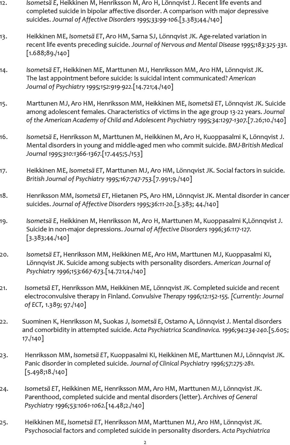 Journal of Nervous and Mental Disease 1995;183:325-331. [1.688;89./140] 14. Isometsä ET, Heikkinen ME, Marttunen MJ, Henriksson MM, Aro HM, Lönnqvist JK.
