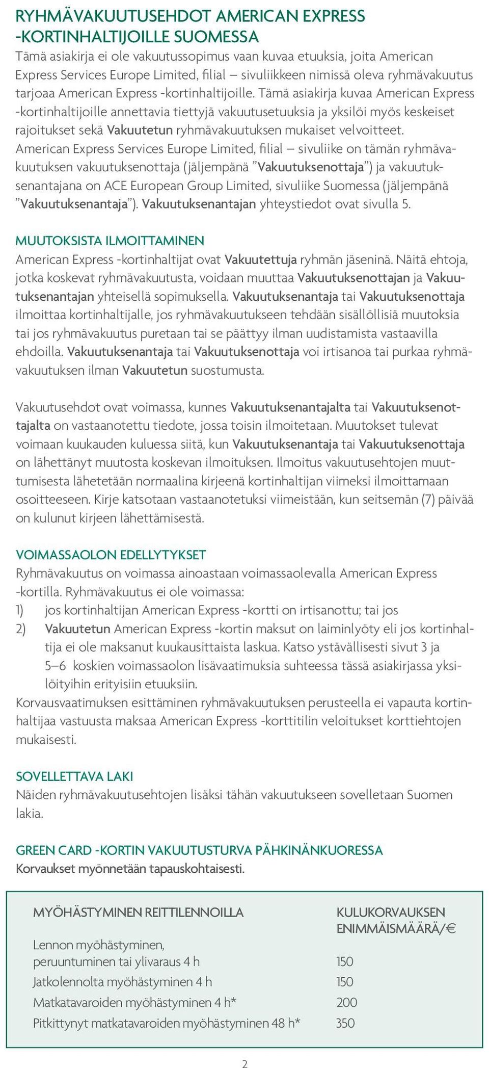 Tämä asiakirja kuvaa American Express -kortinhaltijoille annettavia tiettyjä vakuutusetuuksia ja yksilöi myös keskeiset rajoitukset sekä Vakuutetun ryhmävakuutuksen mukaiset velvoitteet.