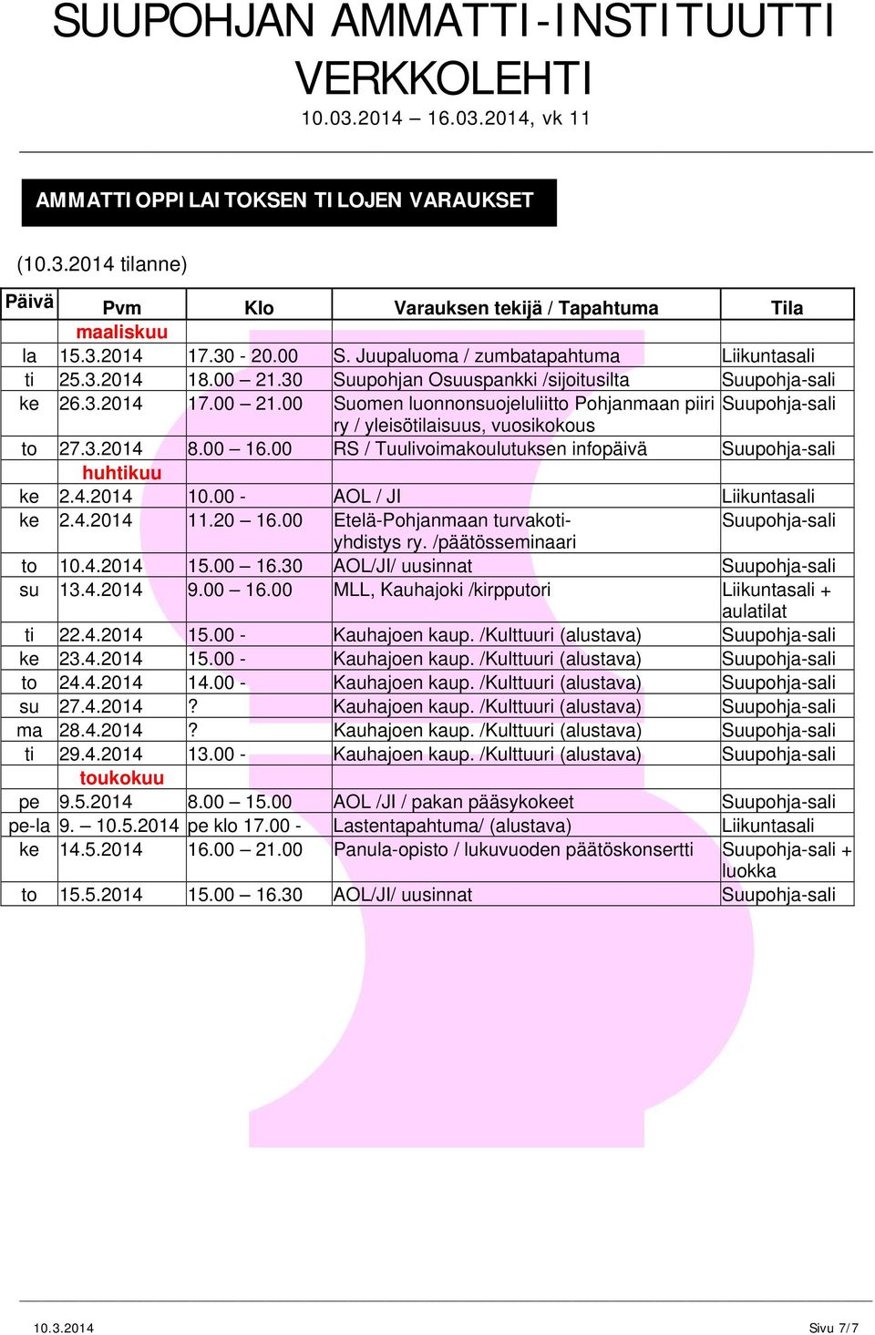 00 RS / Tuulivoimakoulutuksen infopäivä Suupohjasali huhtikuu ke 2.4.2014 10.00 AOL / JI Liikuntasali ke 2.4.2014 11.20 16.00 EteläPohjanmaan turvakoti Suupohjasali yhdistys ry.