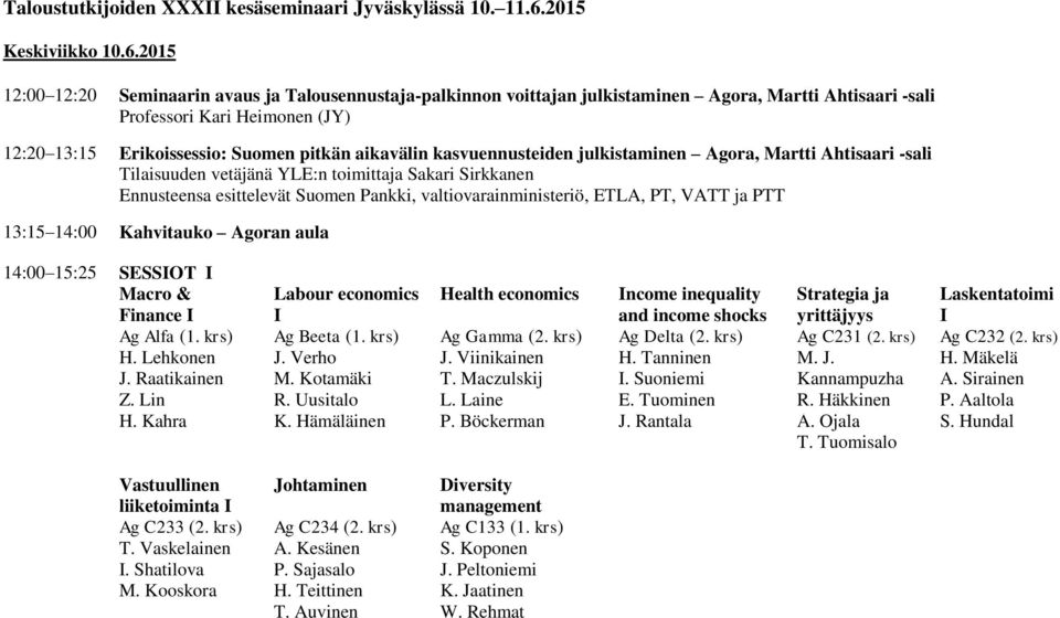 2015 12:00 12:20 Seminaarin avaus ja Talousennustaja-palkinnon voittajan julkistaminen Agora, Martti Ahtisaari -sali Professori Kari Heimonen (JY) 12:20 13:15 Erikoissessio: Suomen pitkän aikavälin