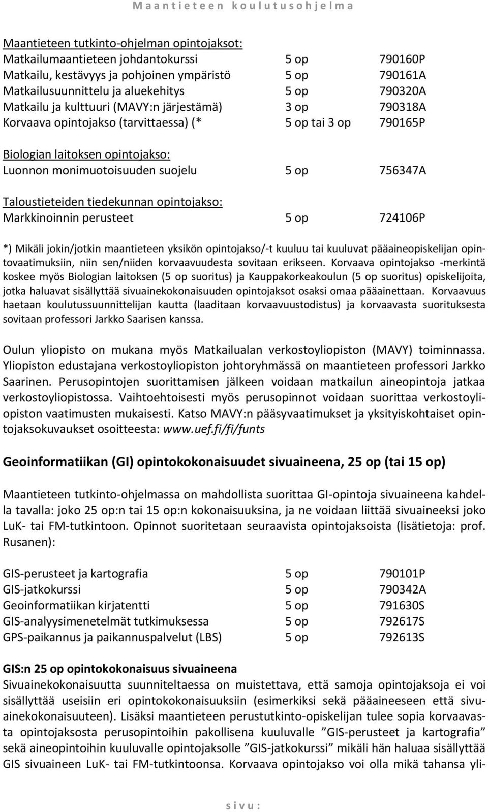 Luonnon monimuotoisuuden suojelu 5 op 756347A Taloustieteiden tiedekunnan opintojakso: Markkinoinnin perusteet 5 op 724106P *) Mikäli jokin/jotkin maantieteen yksikön opintojakso/-t kuuluu tai