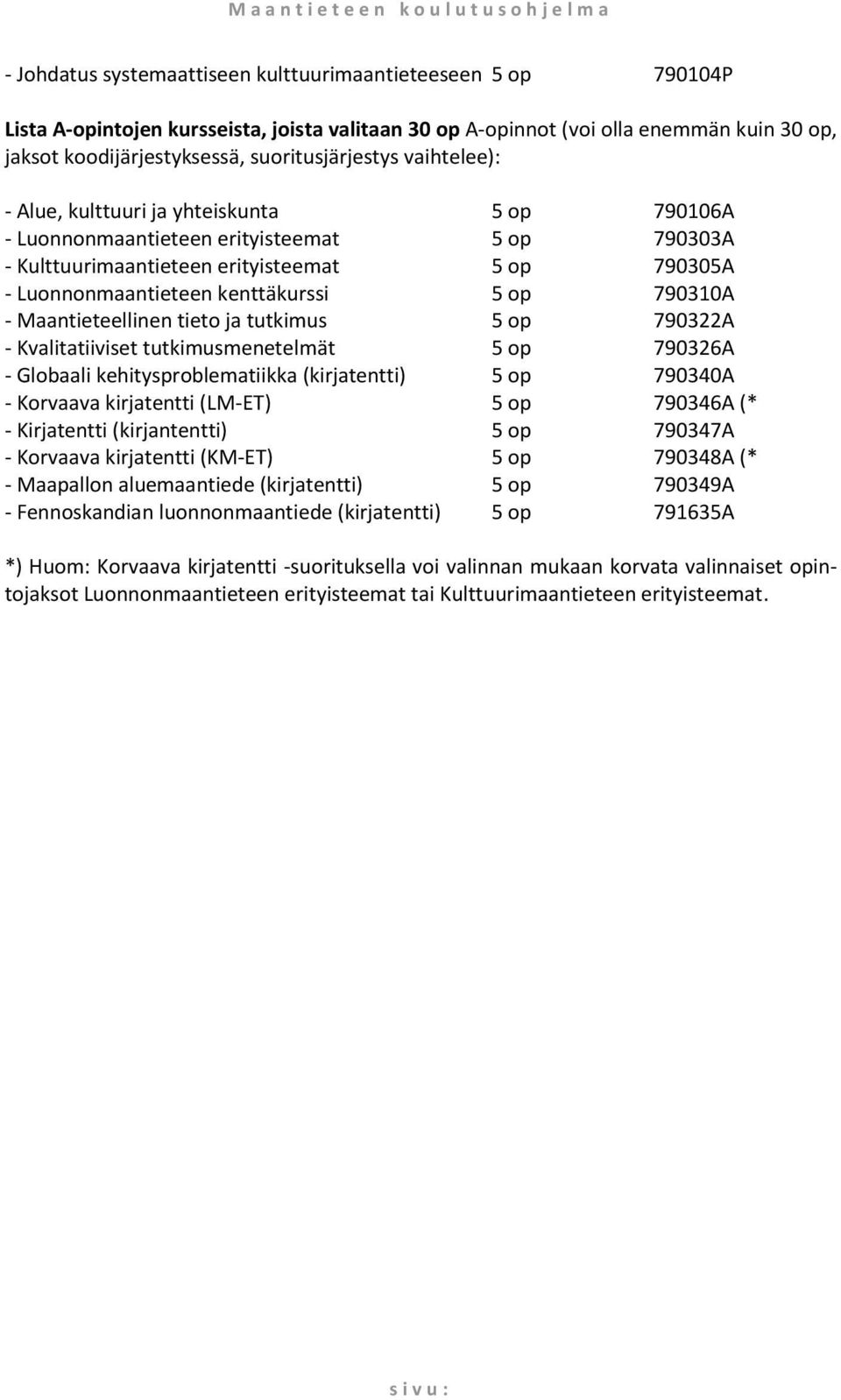 erityisteemat 5 op 790305A - Luonnonmaantieteen kenttäkurssi 5 op 790310A - Maantieteellinen tieto ja tutkimus 5 op 790322A - Kvalitatiiviset tutkimusmenetelmät 5 op 790326A - Globaali