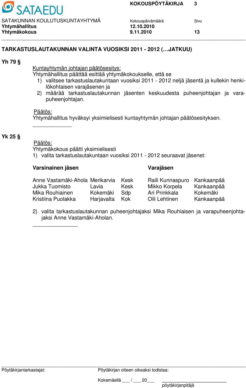 vuosiksi 2011-2012 neljä jäsentä ja kullekin henkilökohtaisen varajäsenen ja 2) määrää tarkastuslautakunnan jäsenten keskuudesta puheenjohtajan ja varapuheenjohtajan.