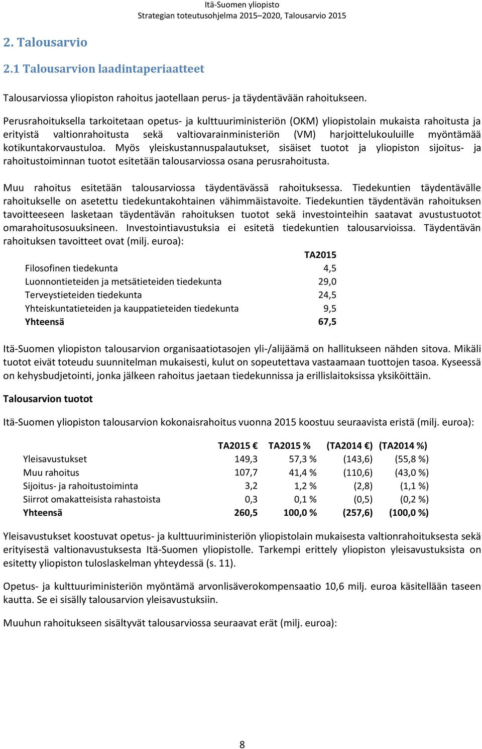 kotikuntakorvaustuloa. Myös yleiskustannuspalautukset, sisäiset tuotot ja yliopiston sijoitus- ja toiminnan tuotot esitetään talousarviossa osana perusta.