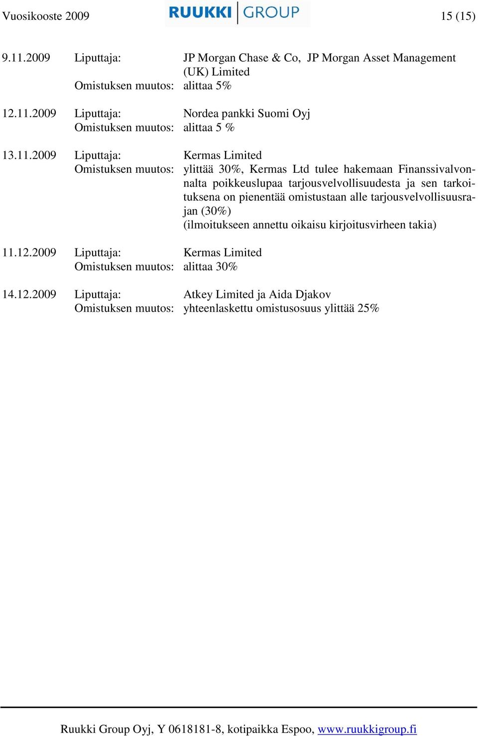 tarkoituksena on pienentää omistustaan alle tarjousvelvollisuusrajan (30%) (ilmoitukseen annettu oikaisu kirjoitusvirheen takia) 11.12.