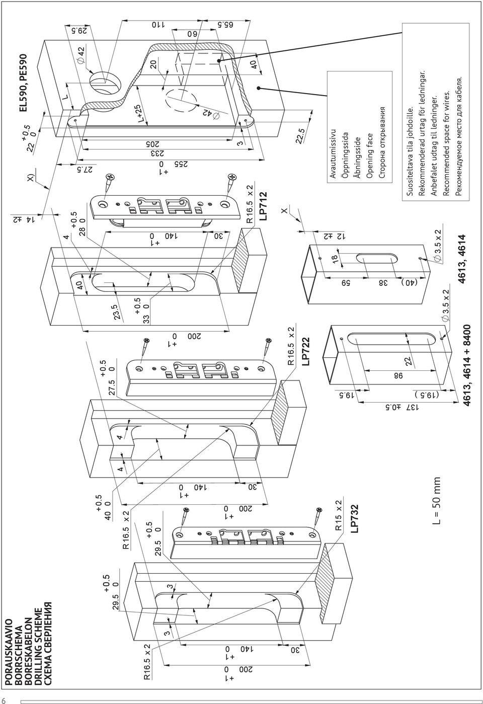 5 0 R 5 x L = 50 mm EL590, PE590 Avautumissivu Öppningssida Åbningsside Opening face Сторона открывания Suositeltava tila johdoille.