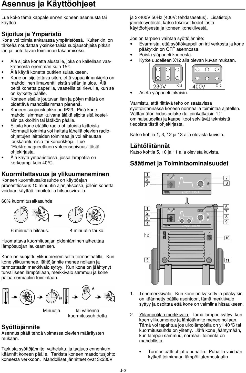 Älä käytä konetta putkien sulatukseen. Kone on sijoitettava siten, että vapaa ilmankierto on mahdollinen ilmaventtiileistä sisään ja ulos.