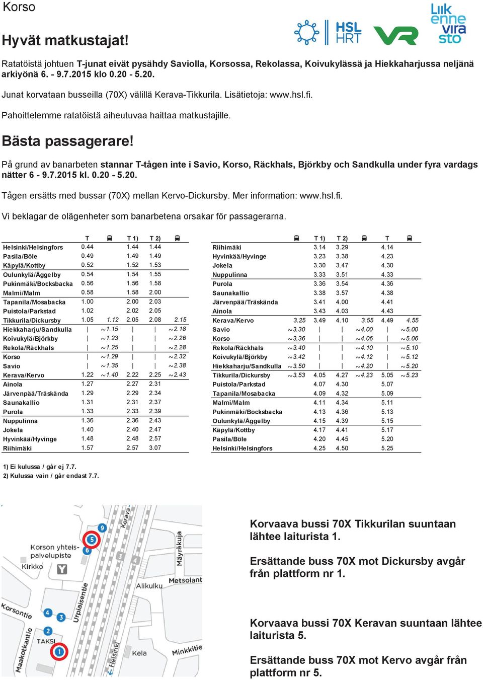 På grund av banarbeten stannar T-tågen inte i Savio, Korso, Räckhals, Björkby och Sandkulla under fyra vardags Tågen
