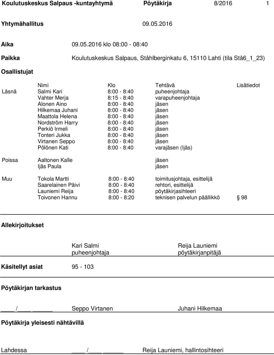 2016 klo 08:00-08:40 Paikka Koulutuskeskus Salpaus, Ståhlberginkatu 6, 15110 Lahti (tila Stå6_1_23) Osallistujat Nimi Klo Tehtävä Lisätiedot Läsnä Salmi Kari 8:00-8:40 puheenjohtaja Vahter Merja