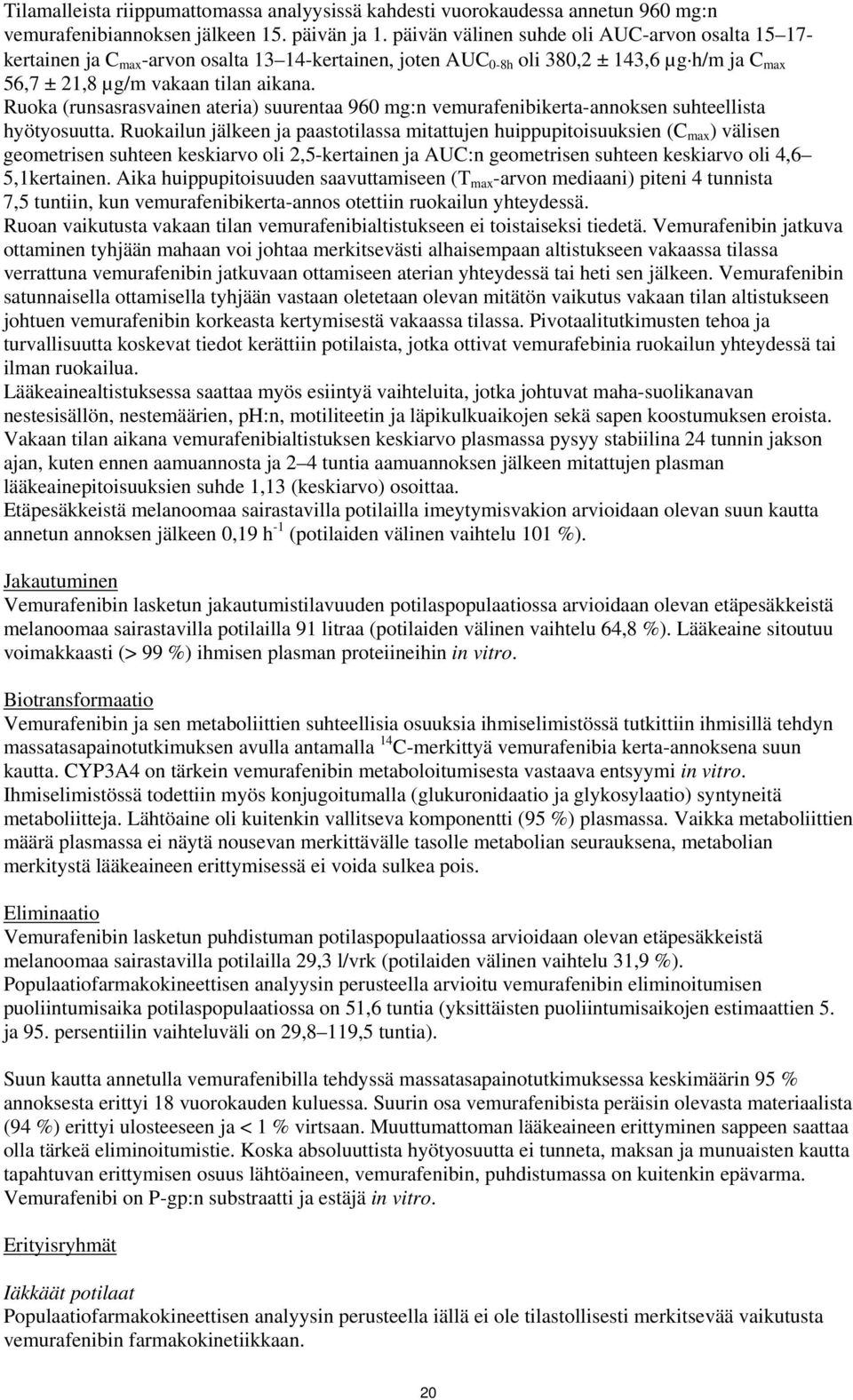 Ruoka (runsasrasvainen ateria) suurentaa 960 mg:n vemurafenibikerta-annoksen suhteellista hyötyosuutta.