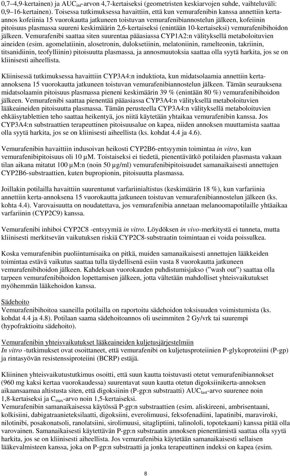 suureni keskimäärin 2,6-kertaiseksi (enintään 10-kertaiseksi) vemurafenibihoidon jälkeen. Vemurafenibi saattaa siten suurentaa pääasiassa CYP1A2:n välityksellä metaboloituvien aineiden (esim.