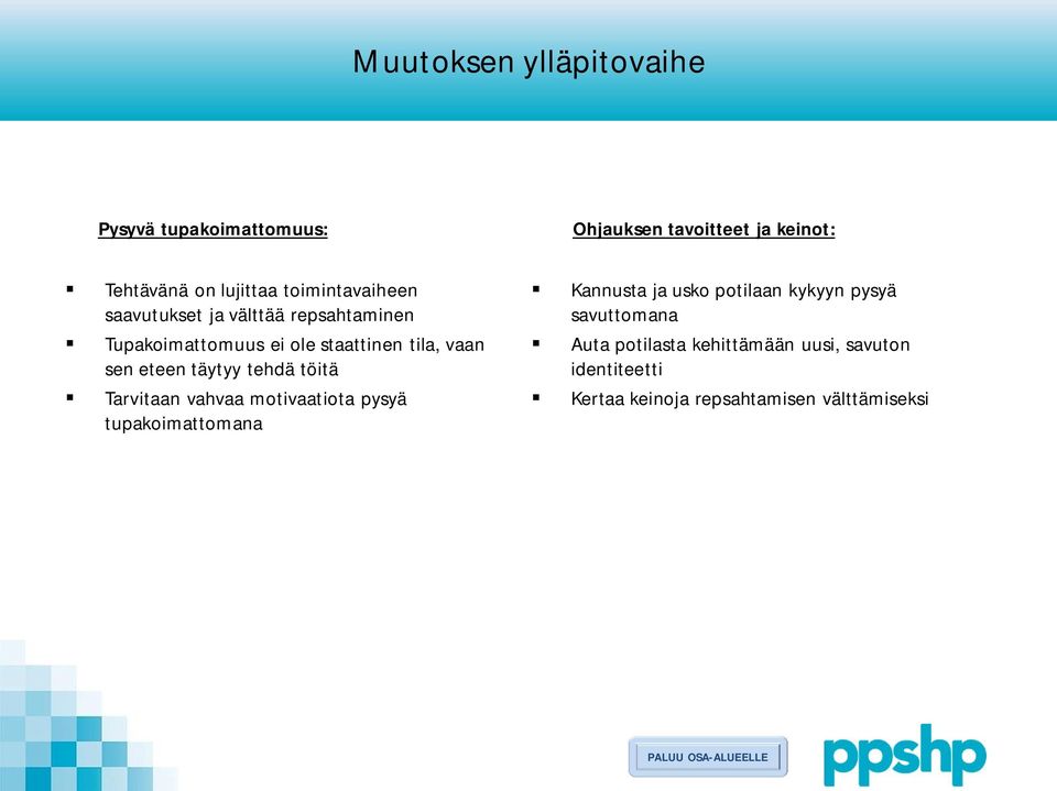 täytyy tehdä töitä Tarvitaan vahvaa motivaatiota pysyä tupakoimattomana Kannusta ja usko potilaan kykyyn pysyä