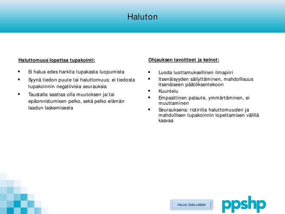 tavoitteet ja keinot: Luoda luottamuksellinen ilmapiiri Itsenäisyyden säilyttäminen, mahdollisuus itsenäiseen päätöksentekoon Kuuntelu