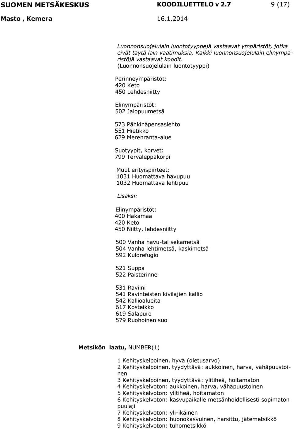 erityispiirteet: 1031 Huomattava havupuu 1032 Huomattava lehtipuu Lisäksi: 400 Hakamaa 420 Keto 450 Niitty, lehdesniitty 500 Vanha havu-tai sekametsä 504 Vanha lehtimetsä, kaskimetsä 592 Kulorefugio