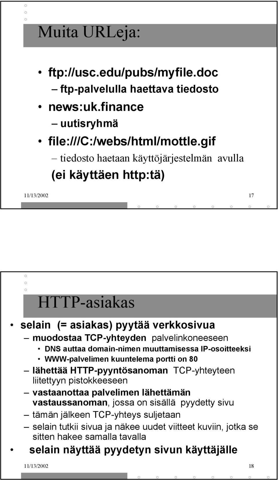 auttaa domain-nimen muuttamisessa IP-osoitteeksi WWW-palvelimen kuuntelema portti on 80 lähettää HTTP-pyyntösanoman TCP-yhteyteen liitettyyn pistokkeeseen vastaanottaa palvelimen