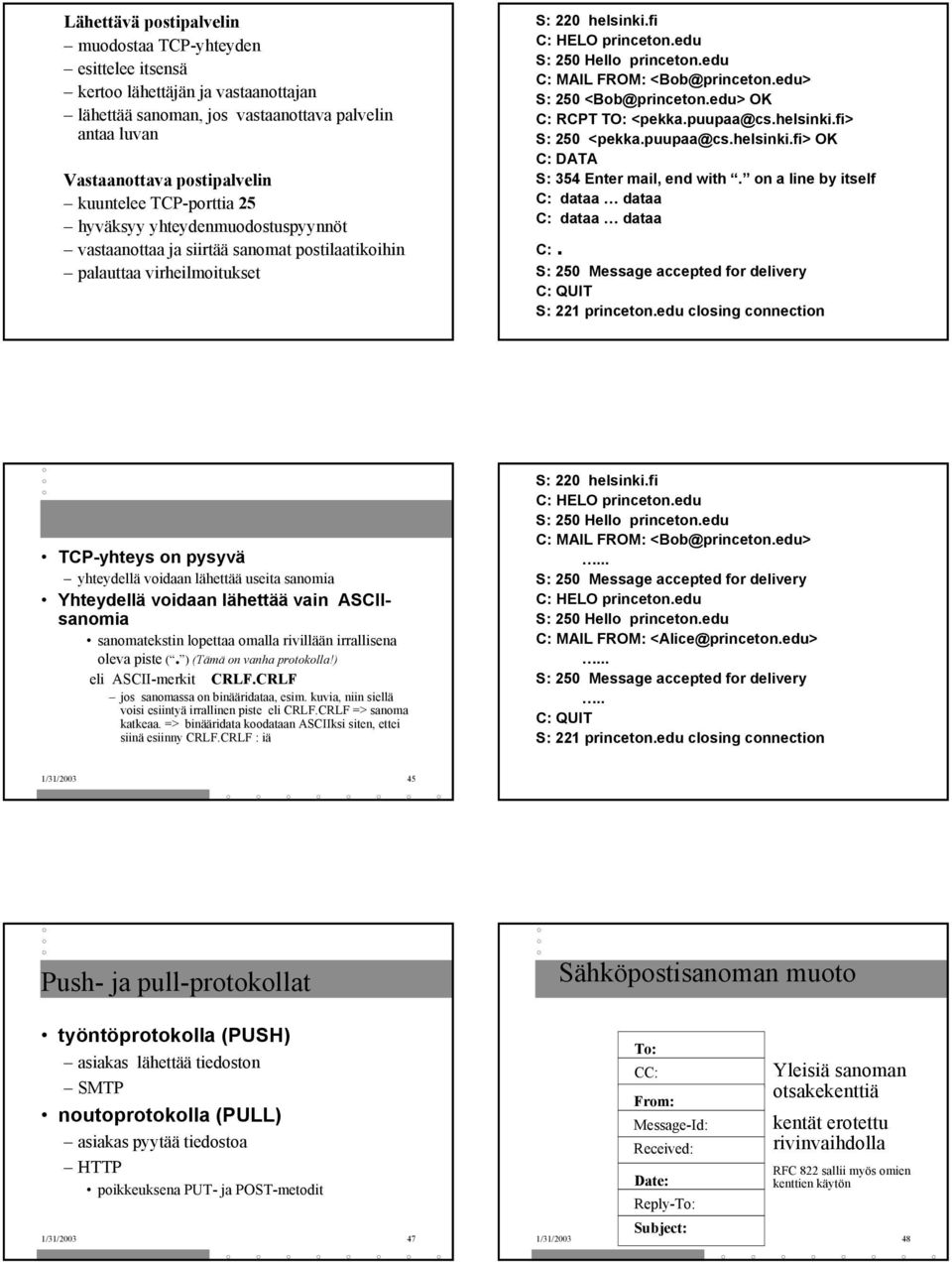 edu> S: 250 <Bob@princeton.edu> OK C: RCPT TO: <pekka.puupaa@cs.helsinki.fi> S: 250 <pekka.puupaa@cs.helsinki.fi> OK C: DATA S: 354 Enter mail, end with.