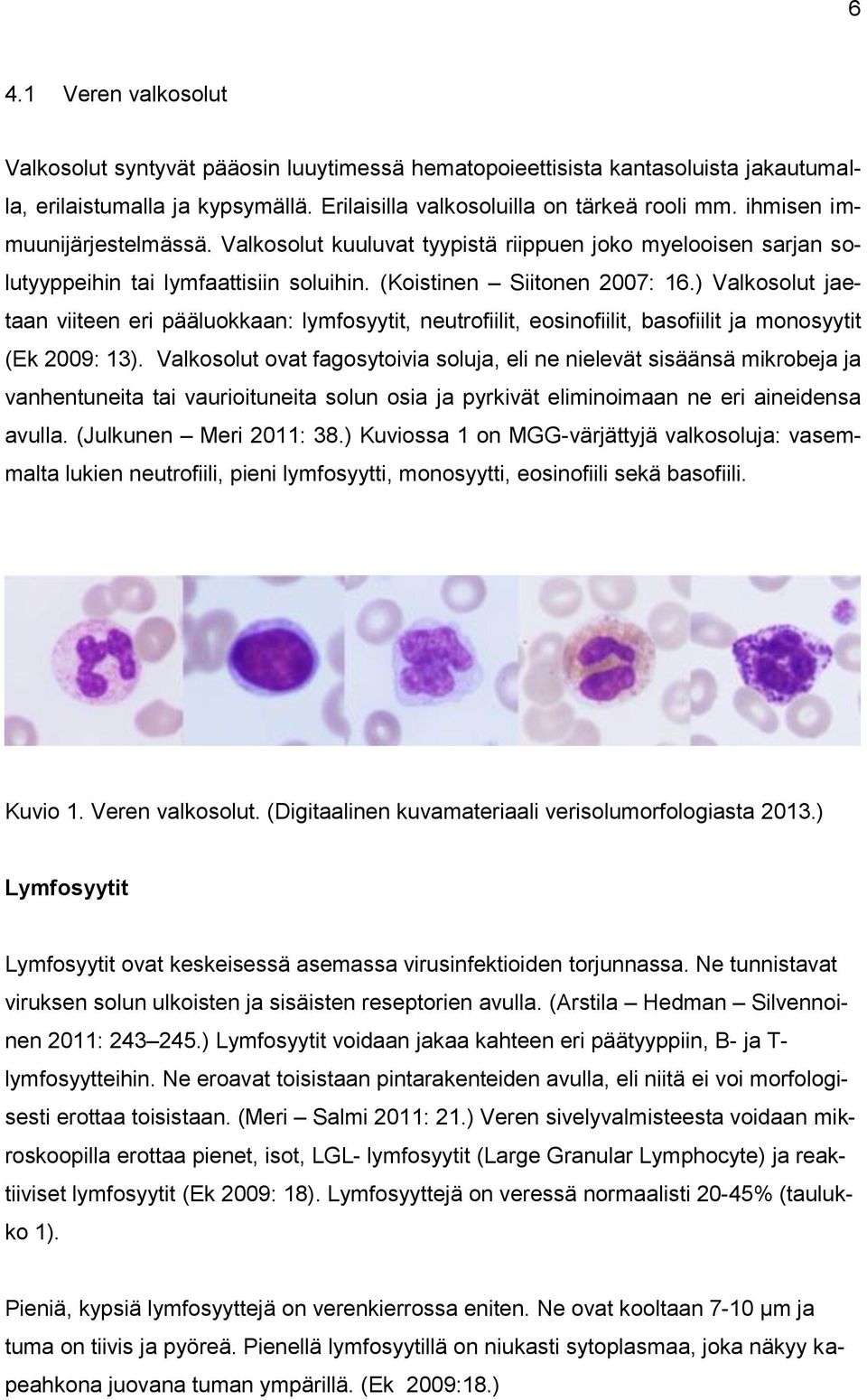 ) Valkosolut jaetaan viiteen eri pääluokkaan: lymfosyytit, neutrofiilit, eosinofiilit, basofiilit ja monosyytit (Ek 2009: 13).