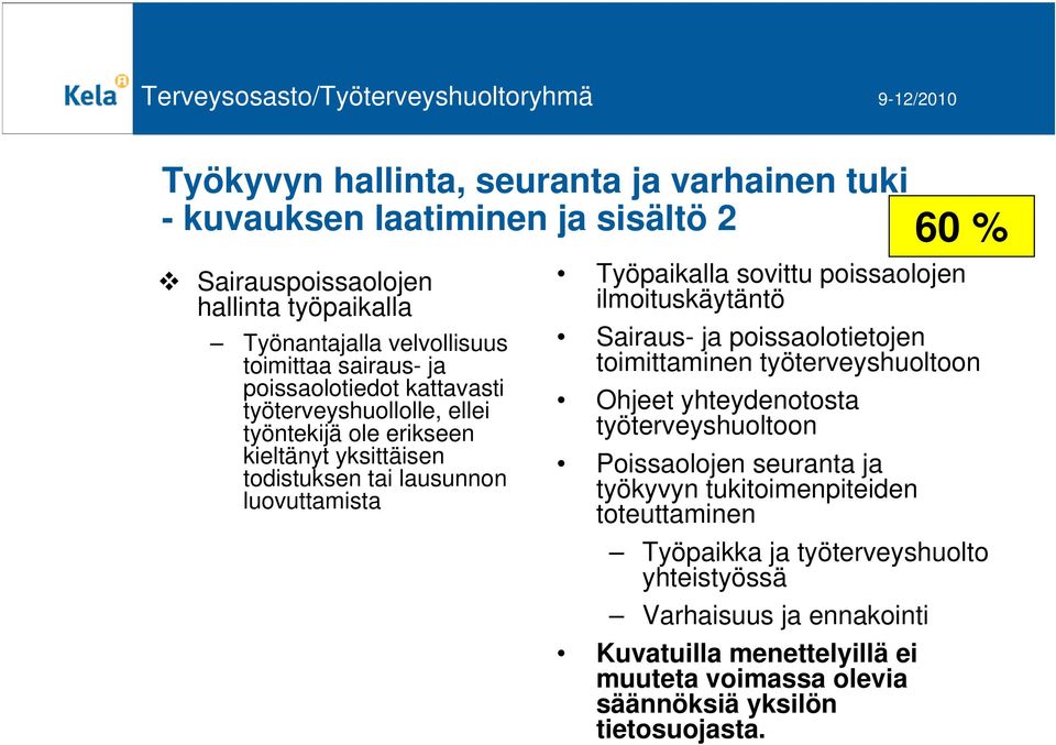 ilmoituskäytäntö Sairaus- ja poissaolotietojen toimittaminen työterveyshuoltoon Ohjeet yhteydenotosta työterveyshuoltoon Poissaolojen seuranta ja työkyvyn