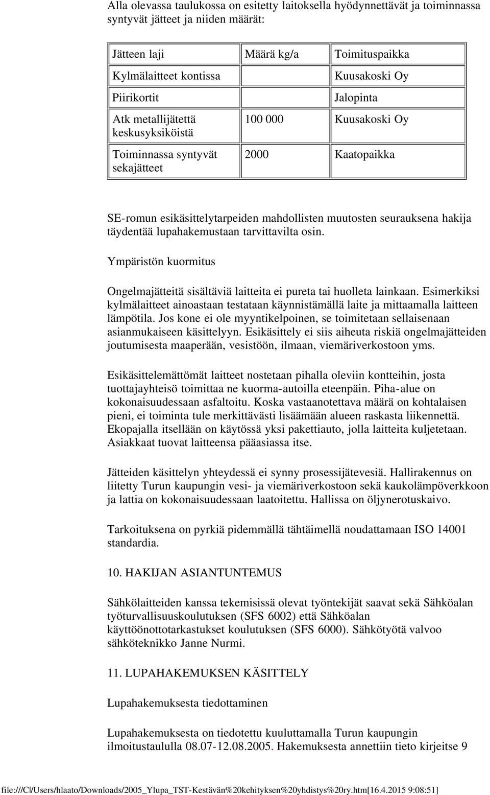 hakija täydentää lupahakemustaan tarvittavilta osin. Ympäristön kuormitus Ongelmajätteitä sisältäviä laitteita ei pureta tai huolleta lainkaan.