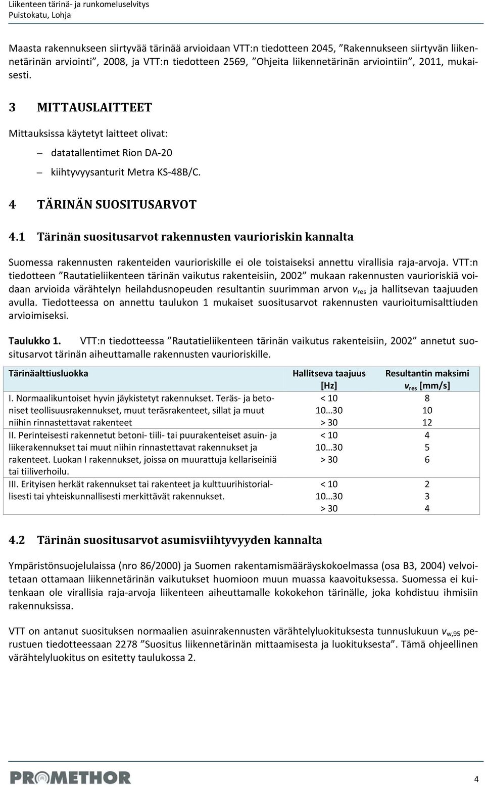 4 TÄRINÄN SUOSITUSARVOT 4.1 Tärinän suositusarvot rakennusten vaurioriskin kannalta Suomessa rakennusten rakenteiden vaurioriskille ei ole toistaiseksi annettu virallisia raja arvoja.