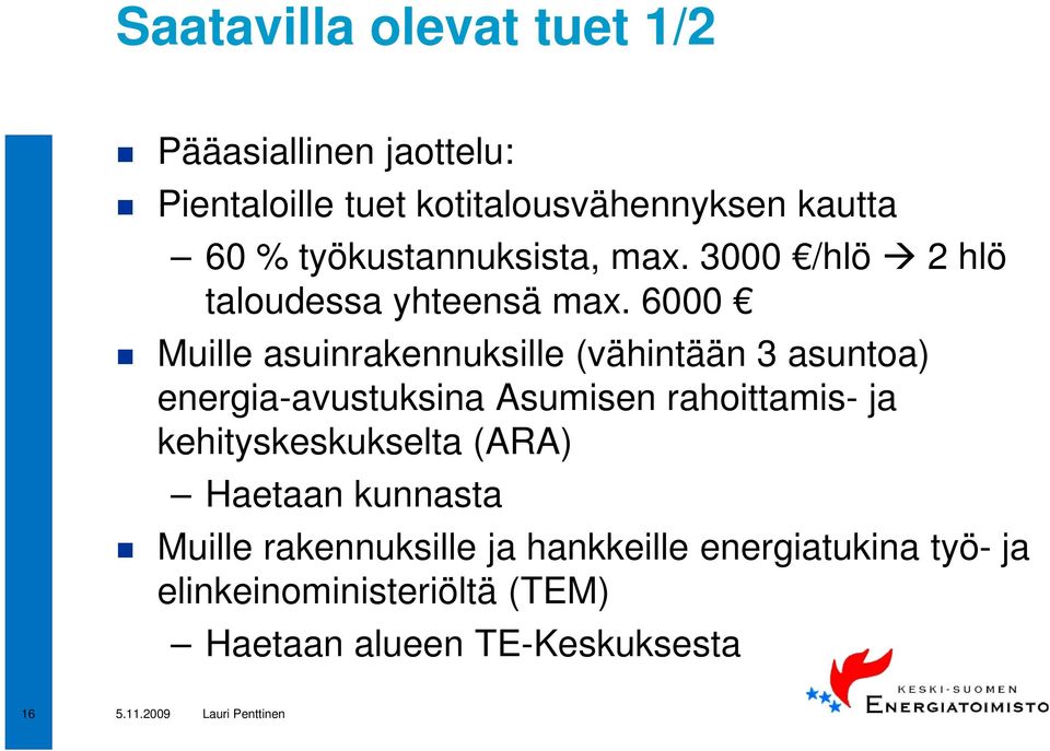 6000 Muille asuinrakennuksille (vähintään 3 asuntoa) energia-avustuksina Asumisen rahoittamis- ja