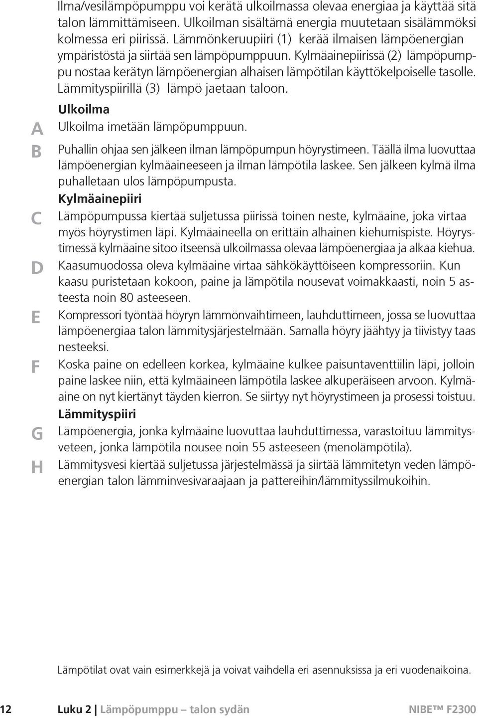 Kylmäainepiirissä (2) lämpöpumppu nostaa kerätyn lämpöenergian alhaisen lämpötilan käyttökelpoiselle tasolle. Lämmityspiirillä (3) lämpö jaetaan taloon. Ulkoilma Ulkoilma imetään lämpöpumppuun.