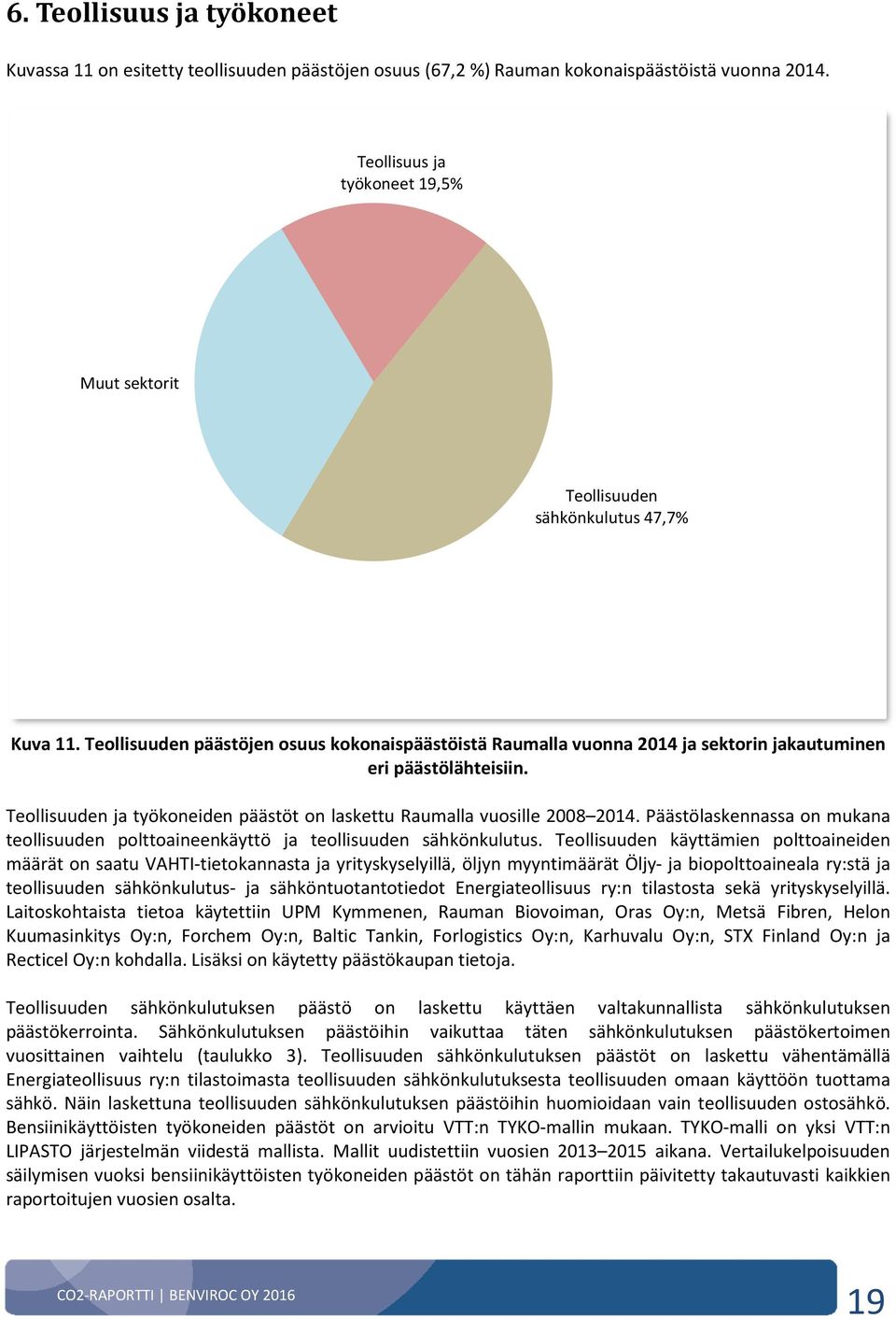 Teollisuuden päästöjen osuus kokonaispäästöistä Raumalla vuonna 2014 ja sektorin jakautuminen eri päästölähteisiin. Teollisuuden ja työkoneiden päästöt on laskettu Raumalla vuosille 2008 2014.