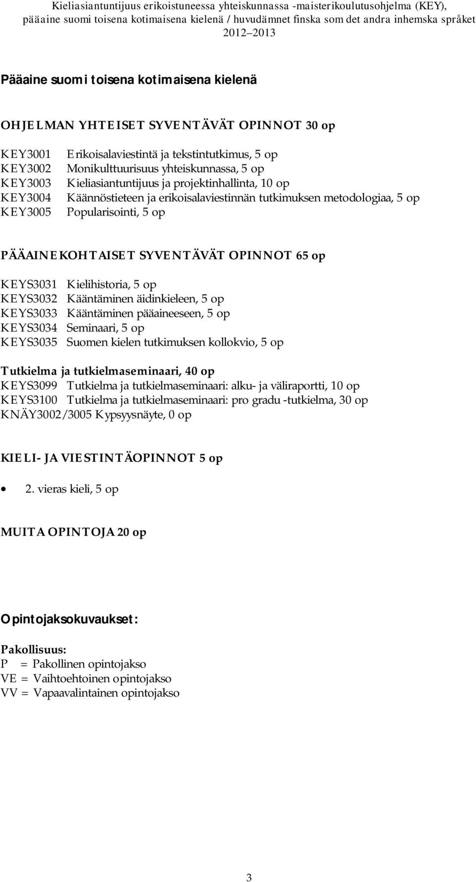 KEYS3031 Kielihistoria, 5 op KEYS3032 Kääntäminen äidinkieleen, 5 op KEYS3033 Kääntäminen pääaineeseen, 5 op KEYS3034 Seminaari, 5 op KEYS3035 Suomen kielen tutkimuksen kollokvio, 5 op Tutkielma ja