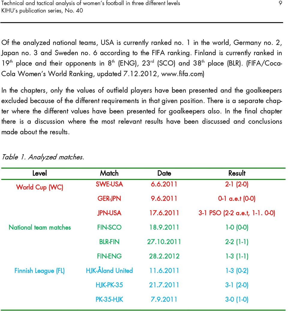 2012, www.fifa.com) In the chapters, only the values of outfield players have been presented and the goalkeepers excluded because of the different requirements in that given position.